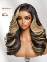 Lumivive 7x5 Bye-Bye Slip™ Lace Black With Platinum Blonde Highlights Side Part Loose Curls Wigs With Feathered Hair - Image 2