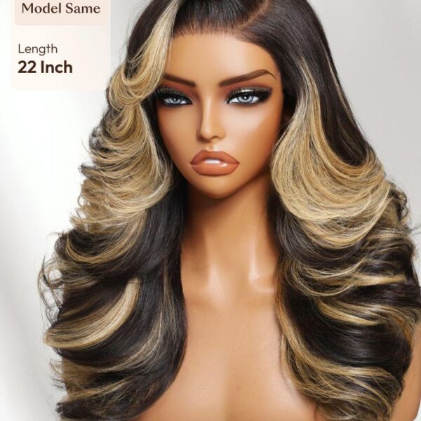 Lumivive 7x5 Bye-Bye Slip™ Lace Black With Platinum Blonde Highlights Side Part Loose Curls Wigs With Feathered Hair