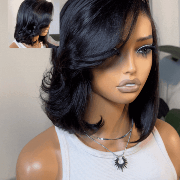 Lumivive 4x4 Lace Closure Black Bob Wig With Side Swept Bangs