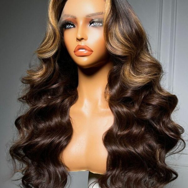 Lumivive 360 HD Lace Real Scalp™ Chocolate Brown Balayage Body Wave Wig with Money Piece Highlights