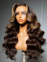 Lumivive 360 HD Lace Real Scalp™ Chocolate Brown Balayage Body Wave Wig with Money Piece Highlights - Image 4