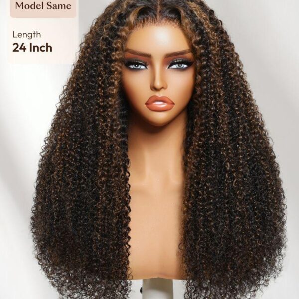 Lumivive 7x5 Bye Bye Slip™ Lace Black with Golden Brown Highlights Kinky Curly Wig with Invisi Drawstring