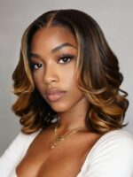 Lumivive 13x4 Pre-Everything™ Lace Frontal Brown With Honey Blonde Face-Framing Highlights Wavy Bob Drawstring Wig - Image 3
