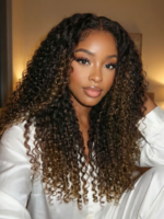 Lumivive 7x5 Bye Bye Slip™ Lace Black with Golden Brown Highlights Kinky Curly Wig with Invisi Drawstring