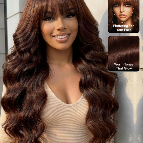 Lumivive 7x5 Bye Bye Slip™ Lace Auburn/Red Brown Fluffy Loose Wave Wig with Wispy Bangs 180% Density