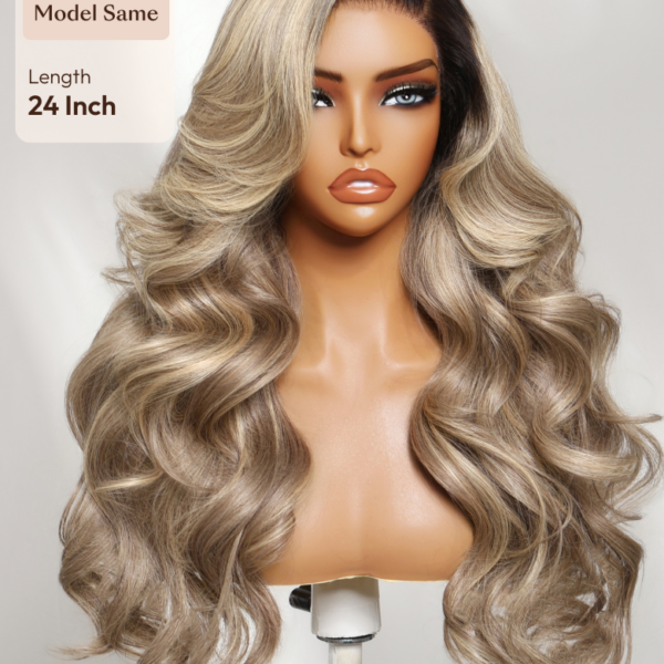 Lumivive 13x4 Bye Bye Slip™ Lace Frontal Ash Blonde with Beige Blonde Highlights Body Wave Wig with Side Part Bangs
