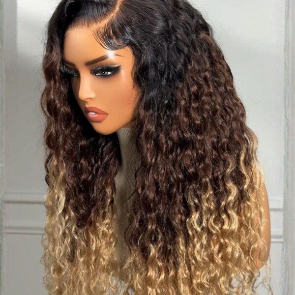 Lumivive Bye-Bye Knots™ 7x5 Lace Black to Brown to Blonde Ombre Water Wave Wig with Invisi Drawstring