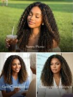 Lumivive Bye-Bye Knots™ 7x5 Lace Black to Chestnut Brown Ombre Curly Wig With Defined Finger Coil Ends Drawstring Wig - Image 7