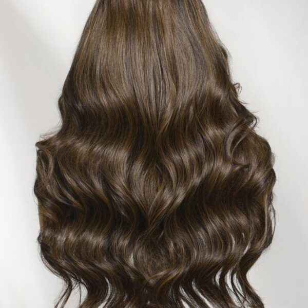 Lumivive 7x5 Bye-Bye Slip™ Lace Brown with Caramel Highlights Loose Wave with Face-Framing Layers and Side Swept Bangs