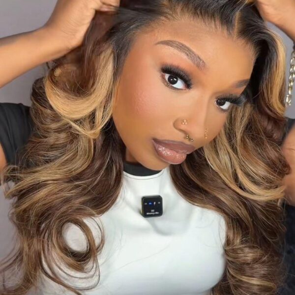 Lumivive Lace Front Brown Loose Wave Drawstring Wig with Blonde Highlights and Face Framing Layers