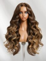 Lumivive Bye-Bye Knots™ 7x5 Lace Deep Brown with Caramel Higlights Loose Wave Drawstring Glueless Wig