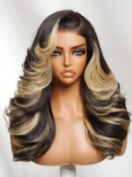 Lumivive 7x5 Bye-Bye Slip™ Lace Black With Platinum Blonde Highlights Side Part Loose Curls Wigs With Feathered Hair