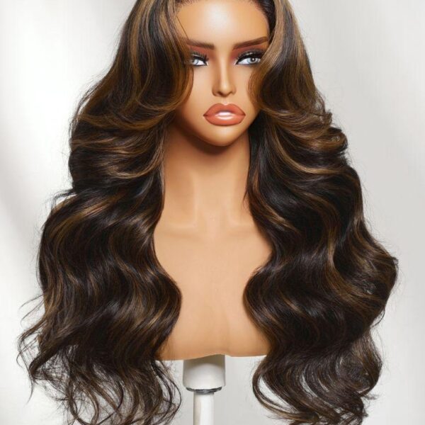Lumivive7x5 Bye Bye Slip™ Lace Black with Golden Brown Highlights Body Wave Wig with Invisi Drawstring 180% Density