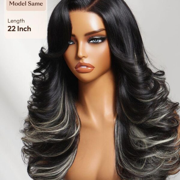 Lumivive Bye-Bye Knots™ 7x5 Lace Ash Highlights on Black Hair Feathered Hairstyles 200% Density Wig with Side Bangs