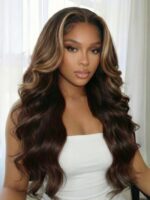 Lumivive 360 HD Lace Real Scalp™ Chocolate Brown Balayage Body Wave Wig with Money Piece Highlights