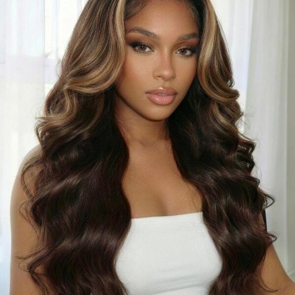 Lumivive 360 HD Lace Real Scalp™ Chocolate Brown Balayage Body Wave Wig with Money Piece Highlights