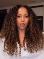 Lumivive Bye-Bye Knots™ 7x5 Lace Black to Chestnut Brown Ombre Curly Wig With Defined Finger Coil Ends Drawstring Wig