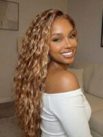 Lumivive 7x5 Bye Bye Slip™ Lace Honey Blonde Highlights Water Wave Wig with Invisi Drawstring - Image 3