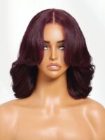 Lumivive Bye-Bye Knots™ 7x5 Lace Black Cherry Layered Wolf Cut with Wispy Bangs Drawstring Wig