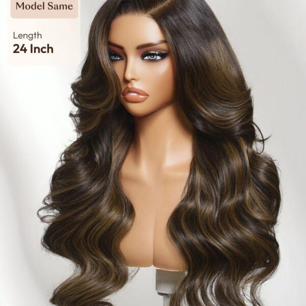 Lumivive 7x5 Bye-Bye Slip™ Lace Brown with Caramel Highlights Loose Wave with Face-Framing Layers and Side Swept Bangs