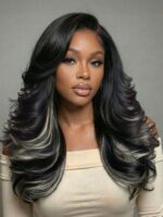 Lumivive Bye-Bye Knots™ 7x5 Lace Ash Highlights on Black Hair Feathered Hairstyles 200% Density Wig with Side Bangs