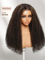 Lumivive 7x5 Bye Bye Slip™ Lace Black with Golden Brown Highlights Kinky Curly Wig with Invisi Drawstring - Image 4