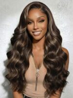 Lumivive 13x4 Bye Bye Slip™ Lace Frontal Dark Chocolate Brown with Caramel Highlights Body Wave Wig with Side Part Bangs