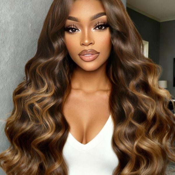 Lumivive Bye-Bye Knots™ 7x5 Lace Deep Brown with Caramel Higlights Loose Wave Drawstring Glueless Wig