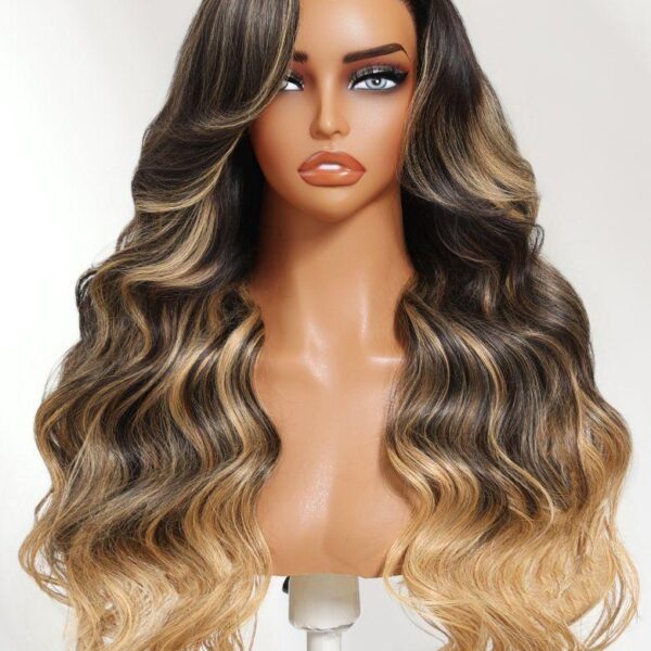 Lumivive Bye-Bye Knots™ 7x5 Lace Black With Blonde Highlights Loose Wave Wig With Face Framing Layers