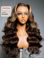 Lumivive 360 HD Lace Real Scalp™ Chocolate Brown Balayage Body Wave Wig with Money Piece Highlights - Image 5