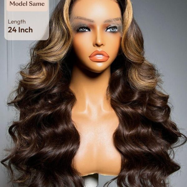 Lumivive 360 HD Lace Real Scalp™ Chocolate Brown Balayage Body Wave Wig with Money Piece Highlights