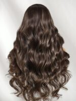 Lumivive 13x4 Bye Bye Slip™ Lace Frontal Dark Chocolate Brown with Caramel Highlights Body Wave Wig with Side Part Bangs - Image 4