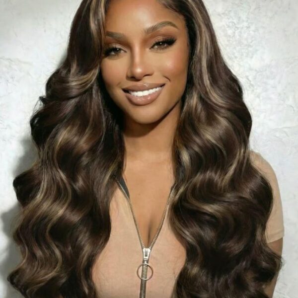 Lumivive 13x4 Bye Bye Slip™ Lace Frontal Dark Chocolate Brown with Caramel Highlights Body Wave Wig with Side Part Bangs