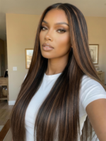 Lumivive 7x5 Bye Bye Slip™ Lace Black with Golden Brown Highlights Yaki Straight Wig with Invisi Drawstring