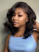Lumivive 4x4 Lace Closure Black Bob Wig With Side Swept Bangs