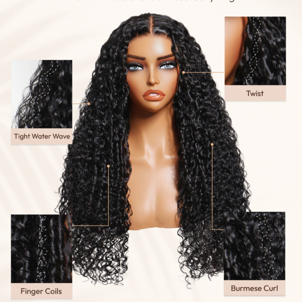Lumivive  Bye-Bye Knots™ 7x5 Lace Natural Black 4D Mixed Texture Burmese Curly Wig with Invisi Drawstring