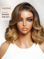 Lumivive 13x4 Pre-Everything™ Lace Frontal Brown With Honey Blonde Face-Framing Highlights Wavy Bob Drawstring Wig - Image 6