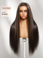 Lumivive 7x5 Bye Bye Slip™ Lace Black with Golden Brown Highlights Yaki Straight Wig with Invisi Drawstring - Image 2