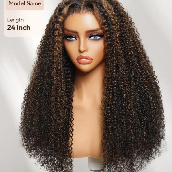 Lumivive 7x5 Bye Bye Slip™ Lace Black with Golden Brown Highlights Kinky Curly Wig with Invisi Drawstring