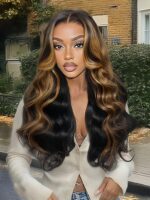 Lumivive Bye-Bye Knots 7x5 Lace Black with Caramel Blonde Highlights Body Wave Wig