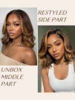 Lumivive 13x4 Pre-Everything™ Lace Frontal Brown With Honey Blonde Face-Framing Highlights Wavy Bob Drawstring Wig - Image 3