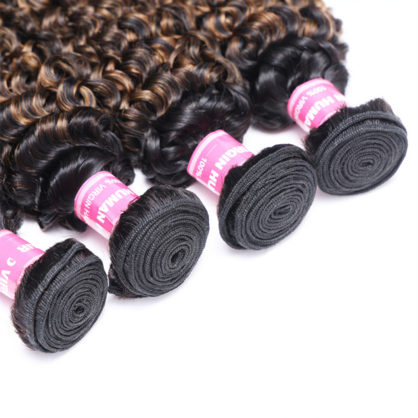 Lumivive #FB30 Brown Balayage Highlight 4Pcs Jerry Curly Human Hair Bundles