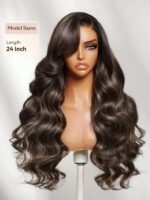 Lumivive 13x4 Bye Bye Slip™ Lace Frontal Dark Chocolate Brown with Caramel Highlights Body Wave Wig with Side Part Bangs - Image 2