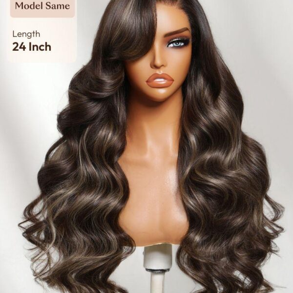 Lumivive 13x4 Bye Bye Slip™ Lace Frontal Dark Chocolate Brown with Caramel Highlights Body Wave Wig with Side Part Bangs