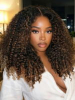 Lumivive Bye-Bye Knots™ 7x5 Lace Black to Chestnut Brown Ombre Curly Wig With Defined Finger Coil Ends Drawstring Wig - Image 4