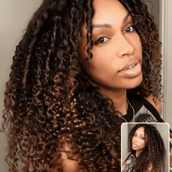 Lumivive Bye-Bye Knots™ 7x5 Lace Black to Chestnut Brown Ombre Curly Wig With Defined Finger Coil Ends Drawstring Wig