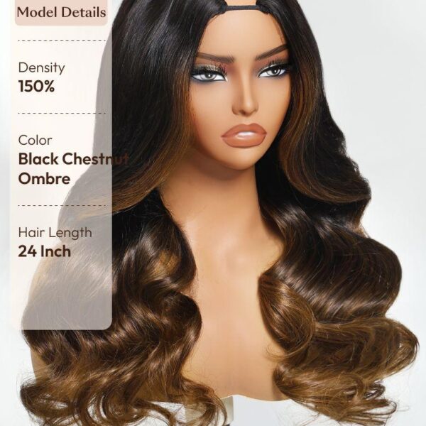 Lumivive EasiContour™ V Part Black to Chestnut Brown Ombre Body Wave Wig With Invisi Drawstring