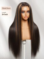 Lumivive 7x5 Bye Bye Slip™ Lace Black with Golden Brown Highlights Yaki Straight Wig with Invisi Drawstring - Image 3
