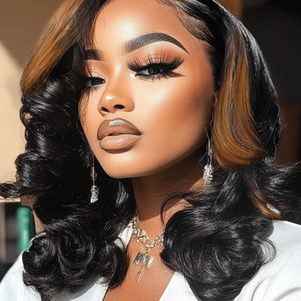 Lumivive Bye-Bye Knots 7x5 Lace Black with Caramel Blonde Highlights Body Wave Wig