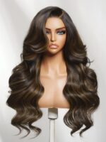 Lumivive 7x5 Bye-Bye Slip™ Lace Brown with Caramel Highlights Loose Wave with Face-Framing Layers and Side Swept Bangs